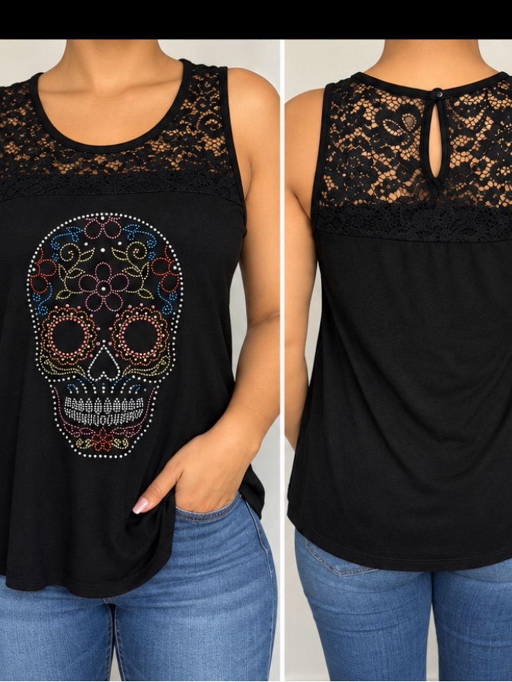 Rhinestone Sugar Skull Lace Tank Top Black Size L